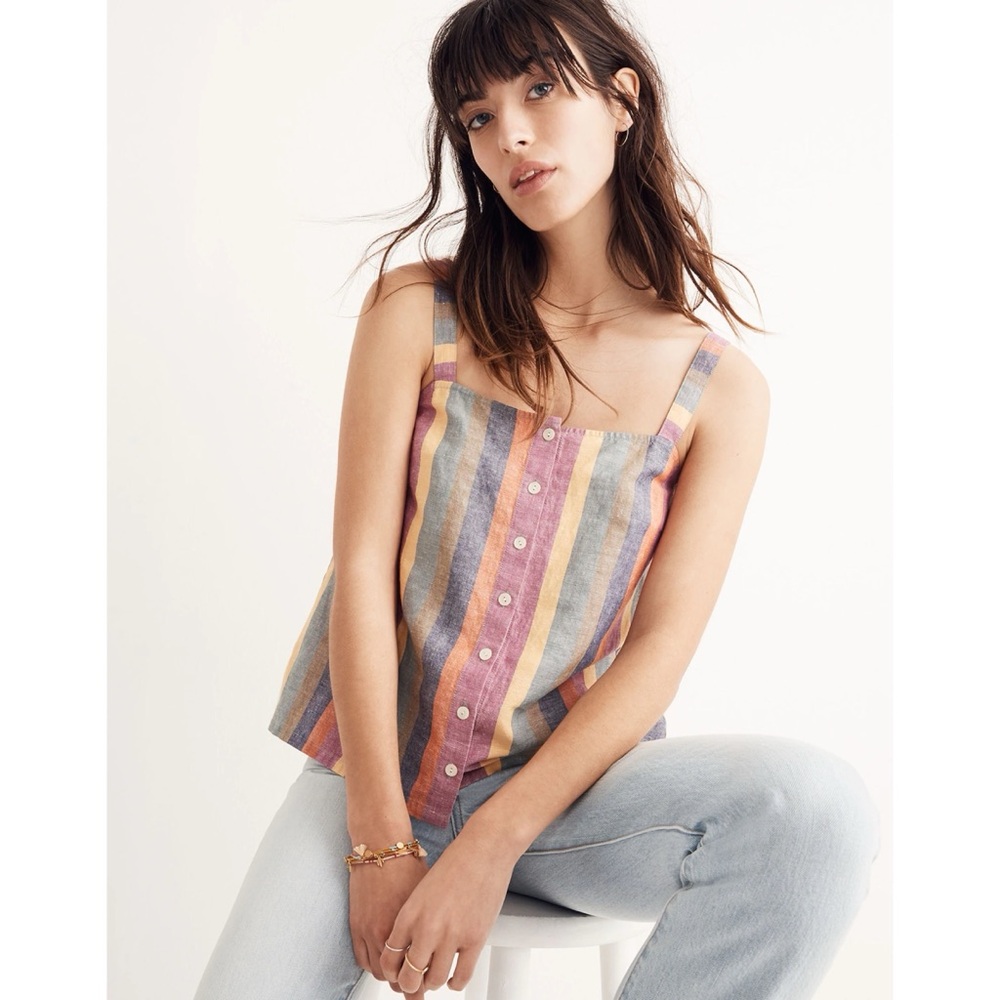 Madewell Rainbow Stripe Button-Front Tank Top Peacock Meadow Green Linen Cotton